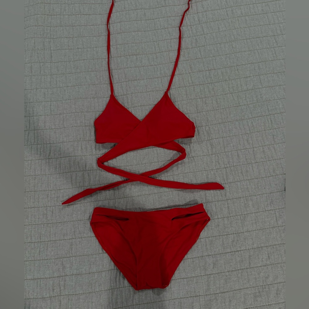 Bundle of 2 bathing suits size small, red and plum purple